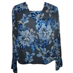 CHICOS Women 3 16/18 Georgette Floral Career Office Long Sleeve Blue Top Blouse